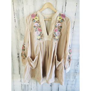NWOT Free People Mia Embroidered Velvet Tunic Dress Beige w Pockets XS